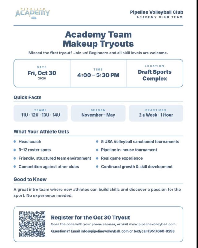OHMYGOSH THERE’S MAKE UP ACADEMY TEAM TRYOUTS🤩

new to the game but still want the club team experience? well academy team is perfect for you! come to make up tryouts:

FRIDAY OCTOBER 30TH 4:00-5:30PM❤️
click the Iink in our b!o to register 🏐✨

#explorepage #volleyball #volleyballtryouts