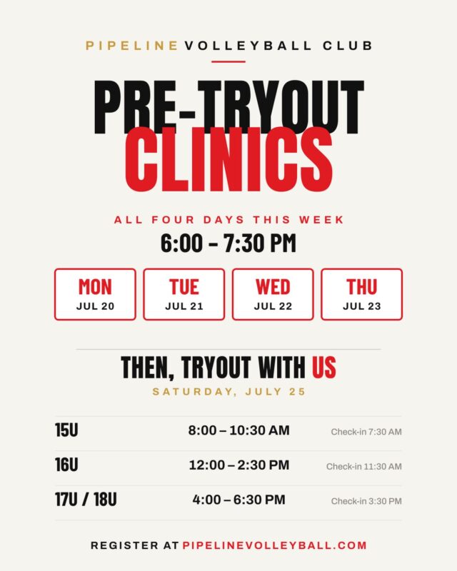 come get extra prep with quality reps at pre tryout clinics this week!🎉🏐❤️

#volleyball #clubvolleyball #volleyballtryouts
