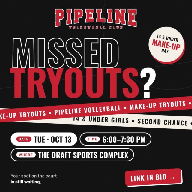 Our 14 & Under Make-Up Tryouts are your second chance to join the Pipeline family ❤️🖤

📅 Tuesday, October 13
⏰ 6:00–7:30 PM
📍 The Draft Sports Complex

Your spot on the court is still waiting. Register at the link in bio 🔗