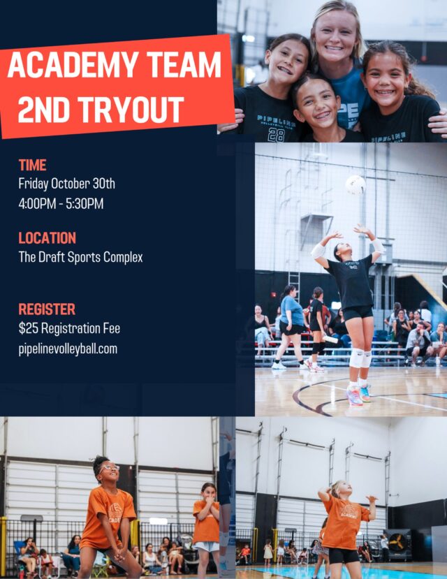 Missed the first tryout? We’ve got you! 🏐

Academy Team 2nd Tryout
📅 Friday, October 30th
⏰ 4:00–5:30 PM
📍 The Draft Sports Complex
🏐 11U • 12U • 13U • 14U
💻 $25 registration fee. Register at pipelinevolleyball.com (link in bio)

New to volleyball? You’re welcome here. Come find your team! 💙

#PipelineVolleyball #PipelineAcademy #AcademyTeam #VolleyballTryouts #YouthVolleyball ClubVolleyball