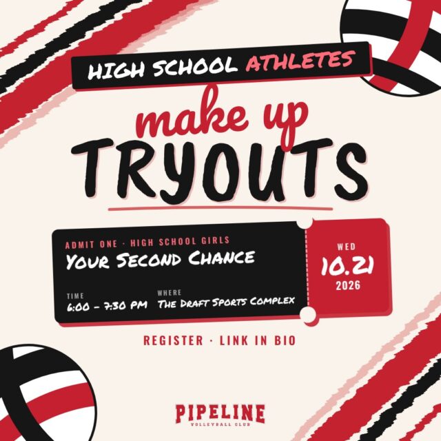 Missed tryouts? Don’t worry, we’ve got a make-up tryout for you ✨ This is your second chance to join the Pipeline family ❤️🖤

🎟️ High School Make-Up Tryouts
📅 Wednesday, October 21
⏰ 6:00–7:30 PM
📍 The Draft Sports Complex

Grab your spot at the link in bio 🔗

Know a high schooler who missed tryouts? Tag them below 👇